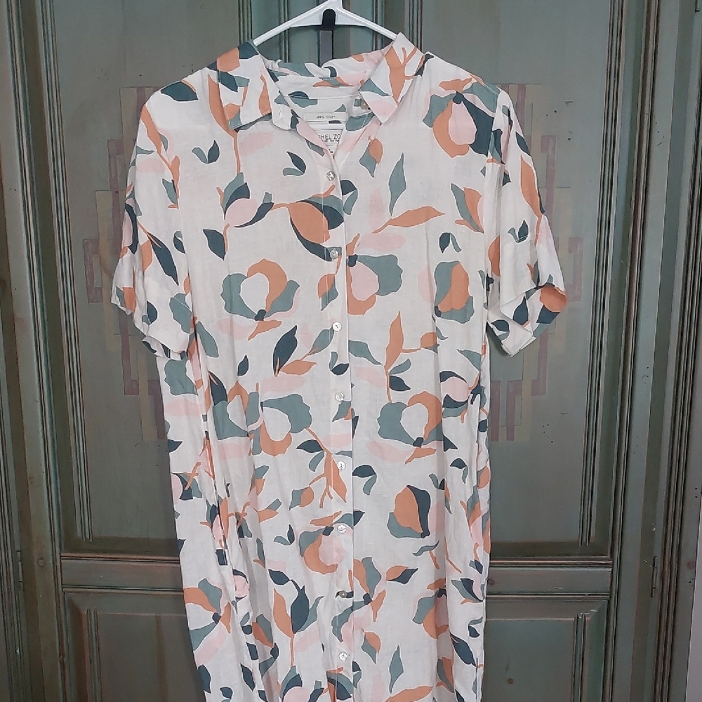 Rachel Zoe Light Linen Floral Button-Up Shirt Dress in Peach & Sage, Medium